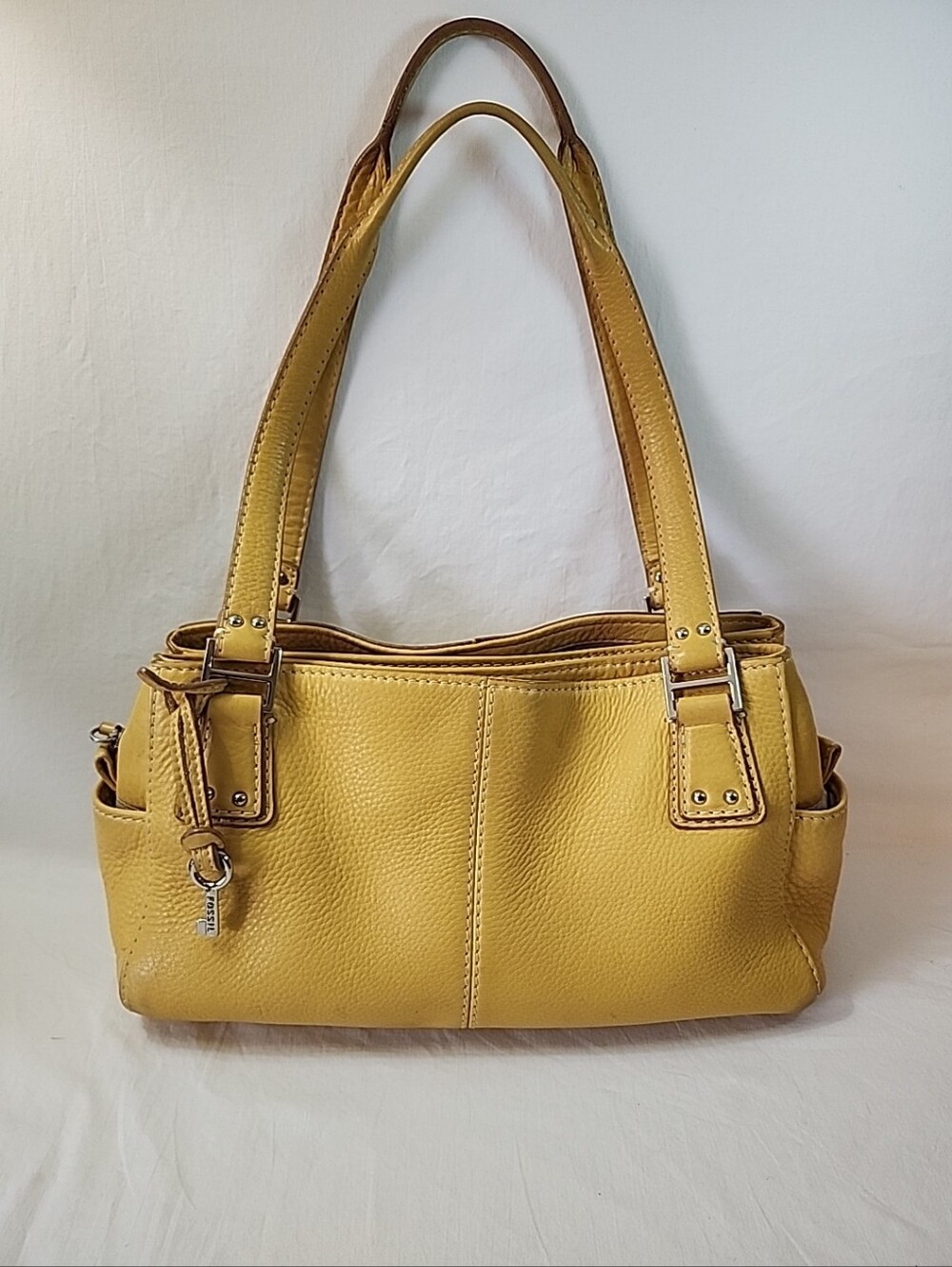Vtg Y2k Fossil Mustard Yellow Pebbled Leather Shoulder Bag Purse w silver key - Picture 10 of 15